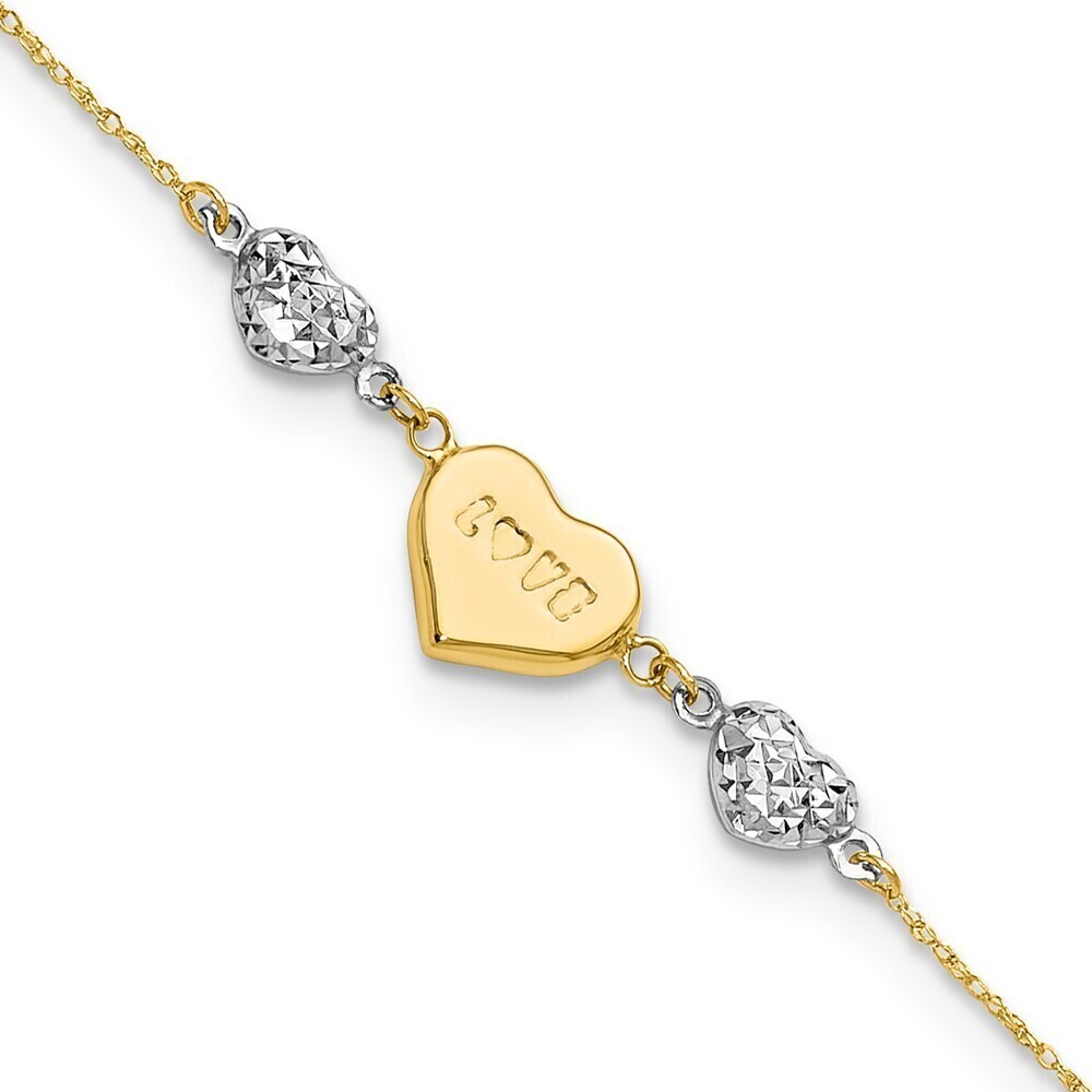 Kazi Luxury 14K Two Tone Puffed LOVE Heart & D/C Hearts Bracelet